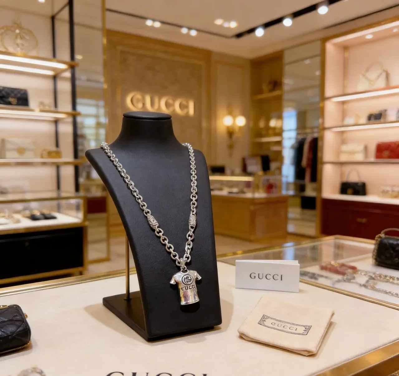 Gucci T-Shirt Pendant Silver Chunky Link Chain Necklace 4