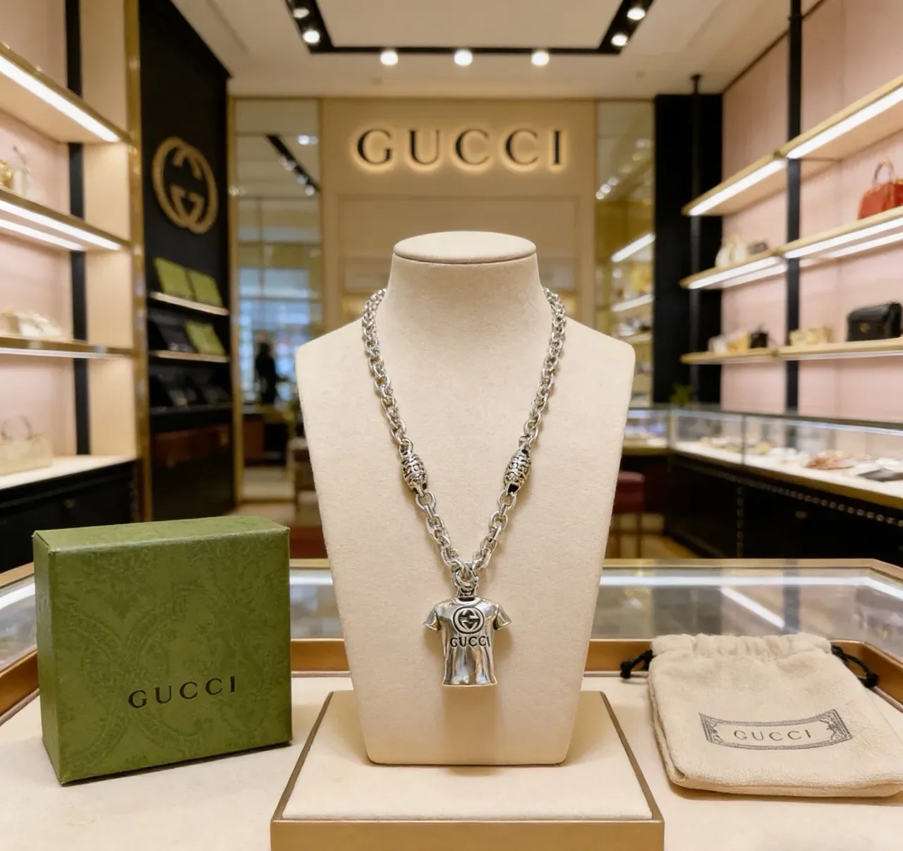 Gucci T-Shirt Pendant Silver Chunky Link Chain Necklace 8