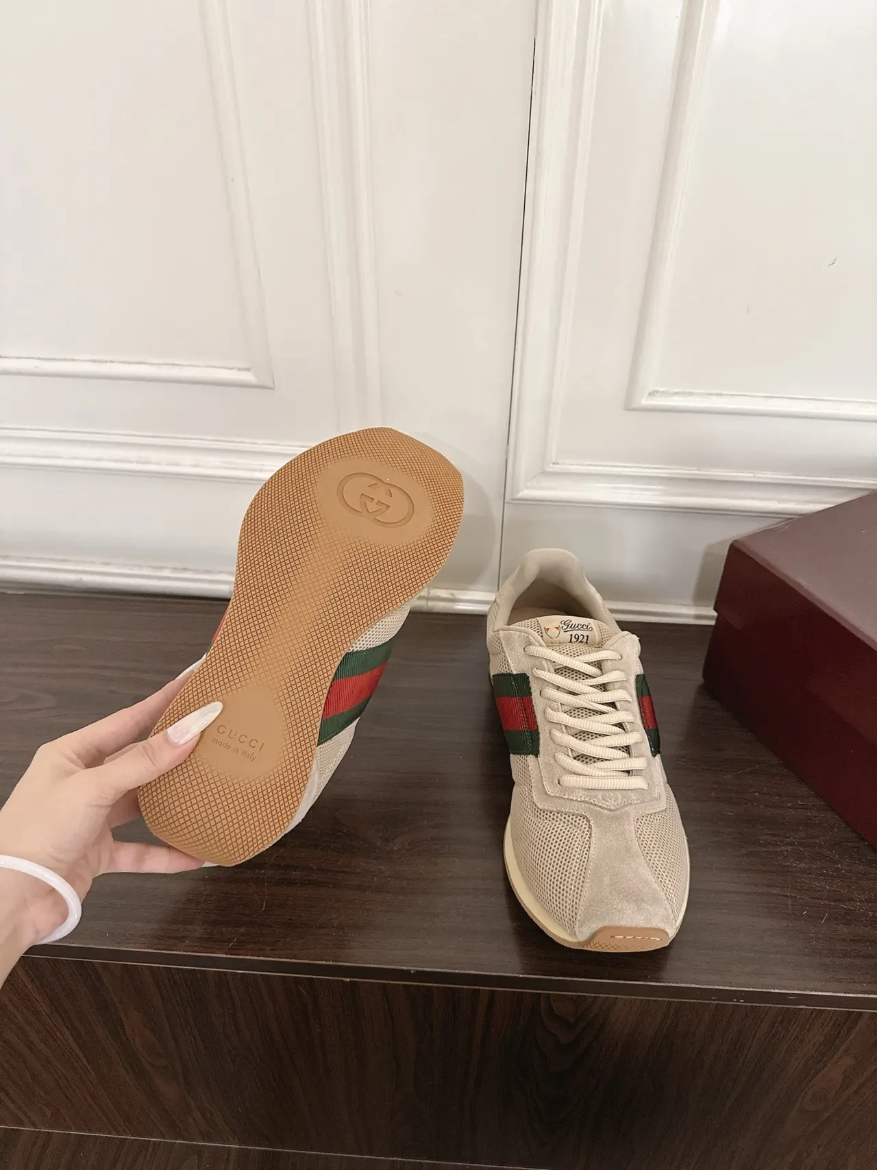 Gucci Tennis 1977 Beige Mesh and Suede Web Stripe Lifestyle Sneakers 2