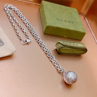 Gucci Textured Sphere Pendant Silver Chain Necklace