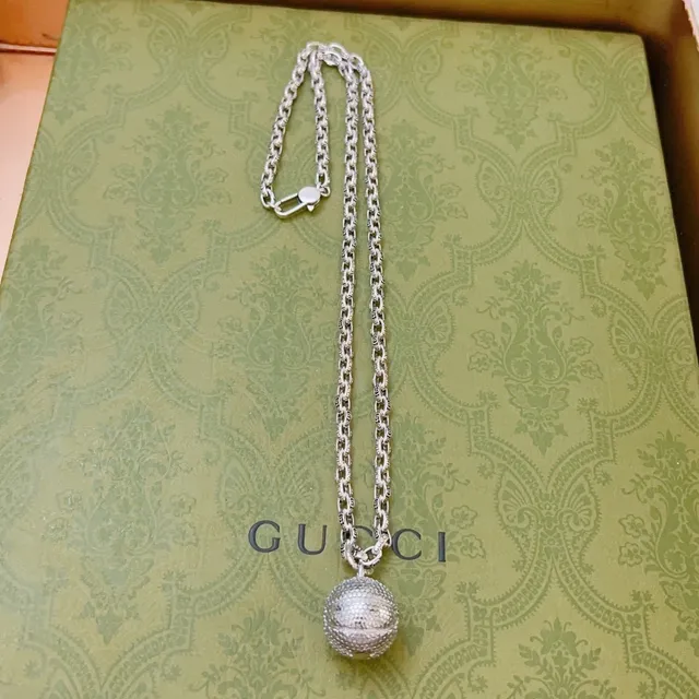 Gucci Textured Sphere Pendant Silver Chain Necklace 6
