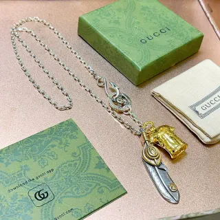 Gucci Two-Tone Feather and Bell Charm Necklace