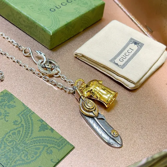 Gucci Two-Tone Feather and Bell Charm Necklace 6