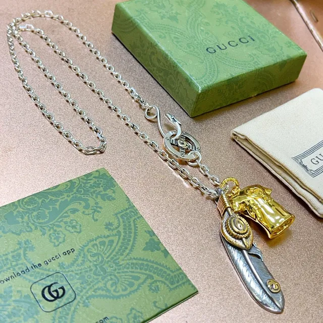 Gucci Two-Tone Feather and Bell Charm Necklace 7