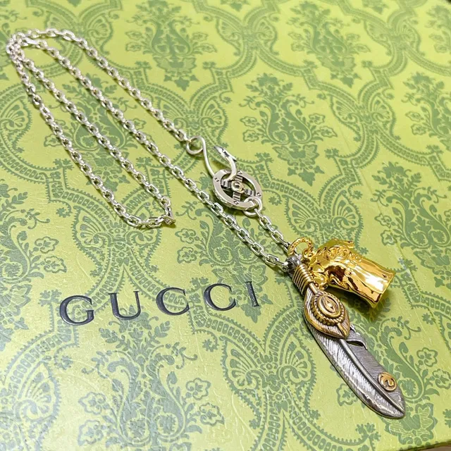 Gucci Two-Tone Feather and Bell Charm Necklace 9