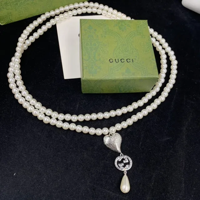 Gucci White Blue Double-Strand Pearl Enamel Heart Pendant Necklace 2