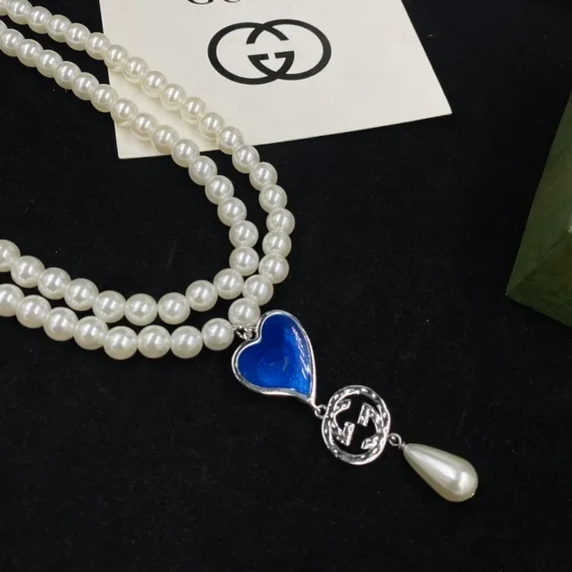 Gucci White Blue Double-Strand Pearl Enamel Heart Pendant Necklace 3