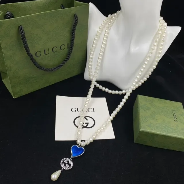 Gucci White Blue Double-Strand Pearl Enamel Heart Pendant Necklace 4