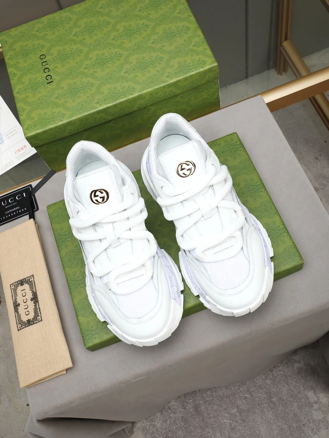 Gucci White Gray Sole Textured Midsole Layer Chunky Sneakers 3