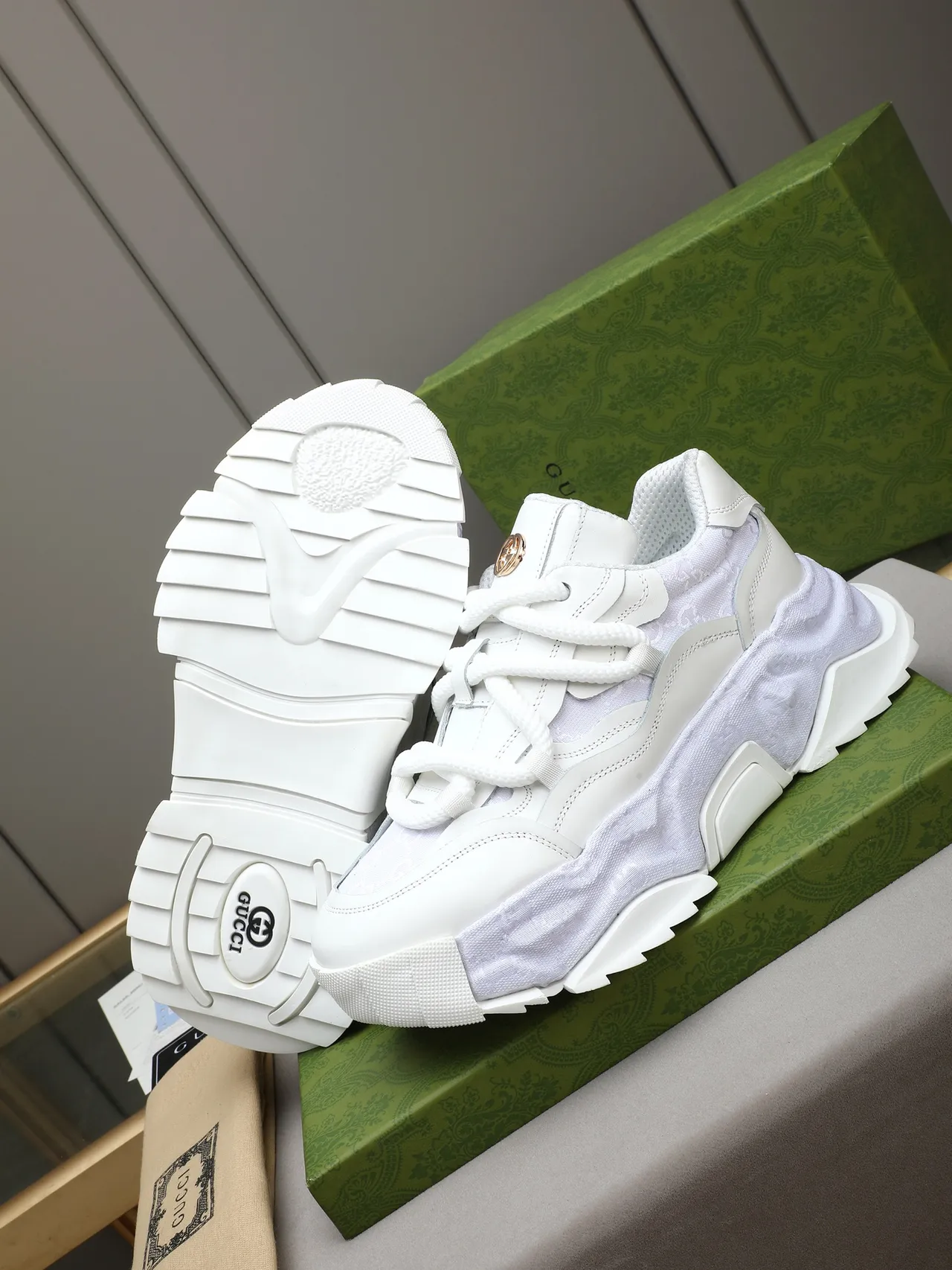 Gucci White Gray Sole Textured Midsole Layer Chunky Sneakers 5