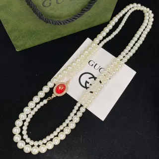 Gucci White Red Double-Strand Pearl Graduated Bead Size Necklace