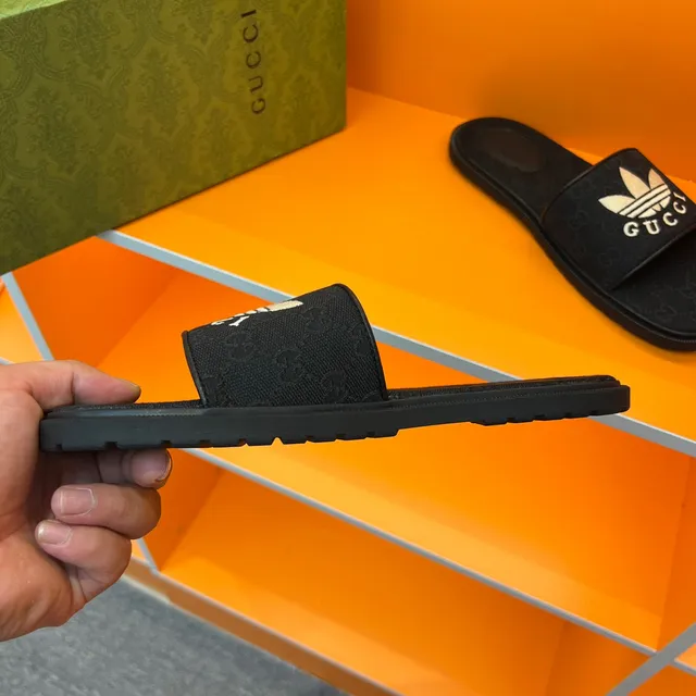 Gucci x Adidas Slide Black Monogrammed Strap Slippers 2
