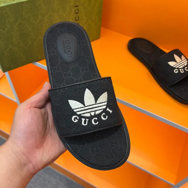 Gucci x Adidas Slide Black Monogrammed Strap Slippers 3