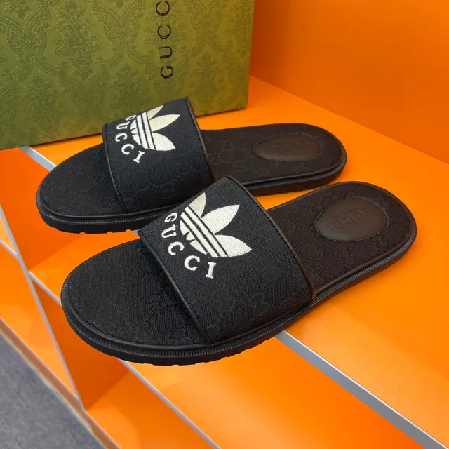 Gucci x Adidas Slide Black Monogrammed Strap Slippers 9