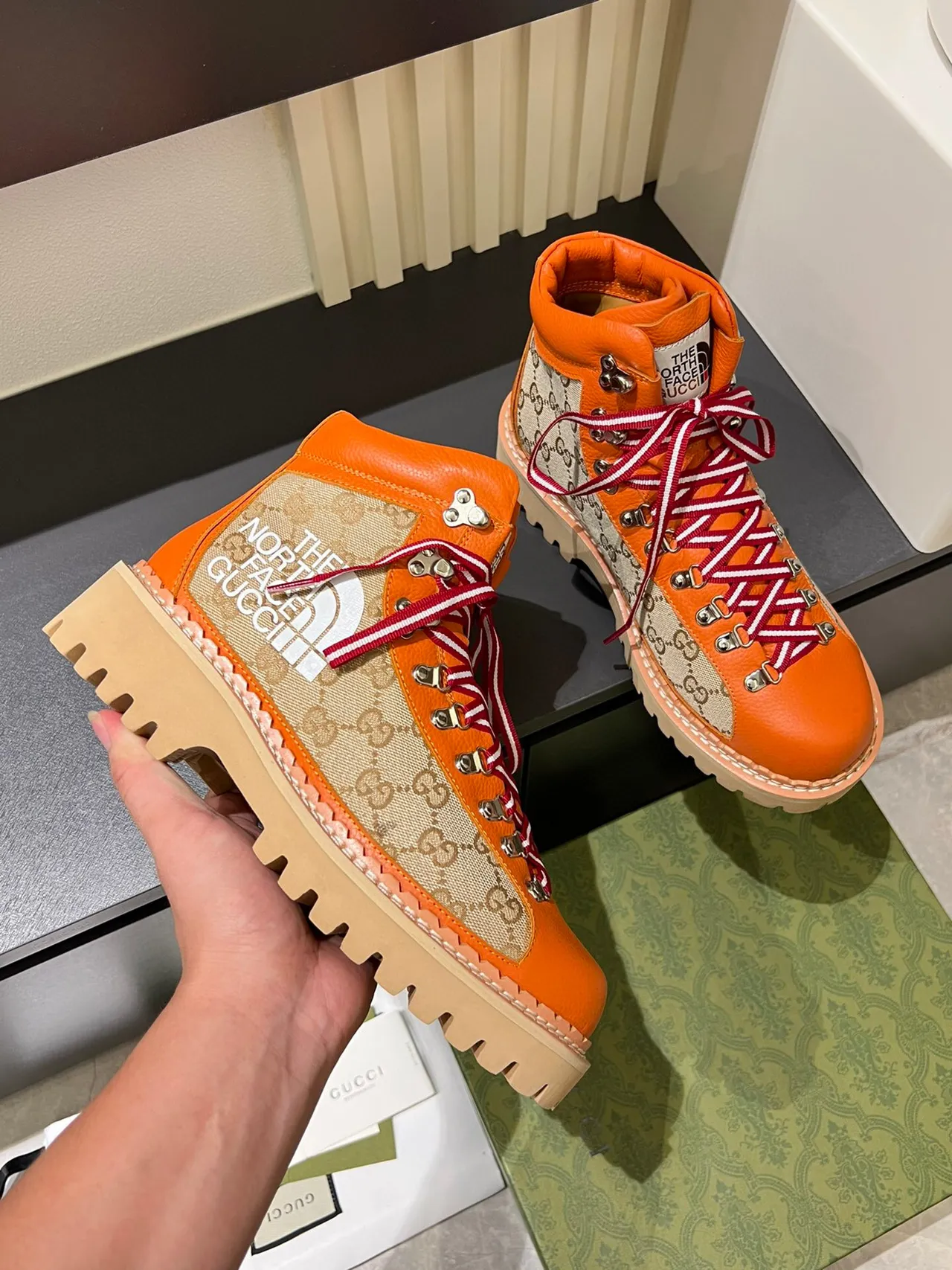 Gucci x The North Face Mountaineering Boot Orange GG Canvas Hiking Boots 6