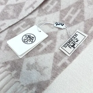 Hermès 米色棕色几何印花图案流苏边围巾