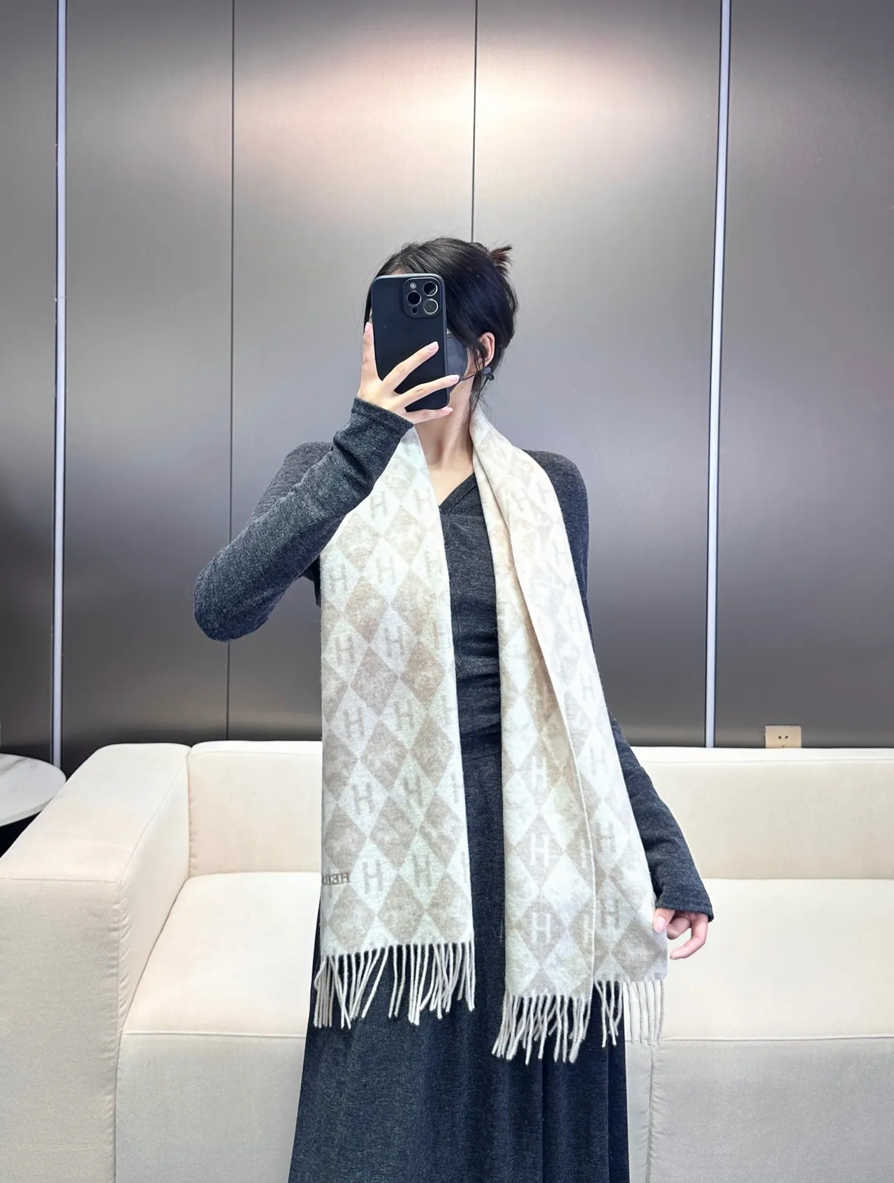 Hermès Beige Brown Geometric Monogram Pattern Fringed Edges Scarve 2