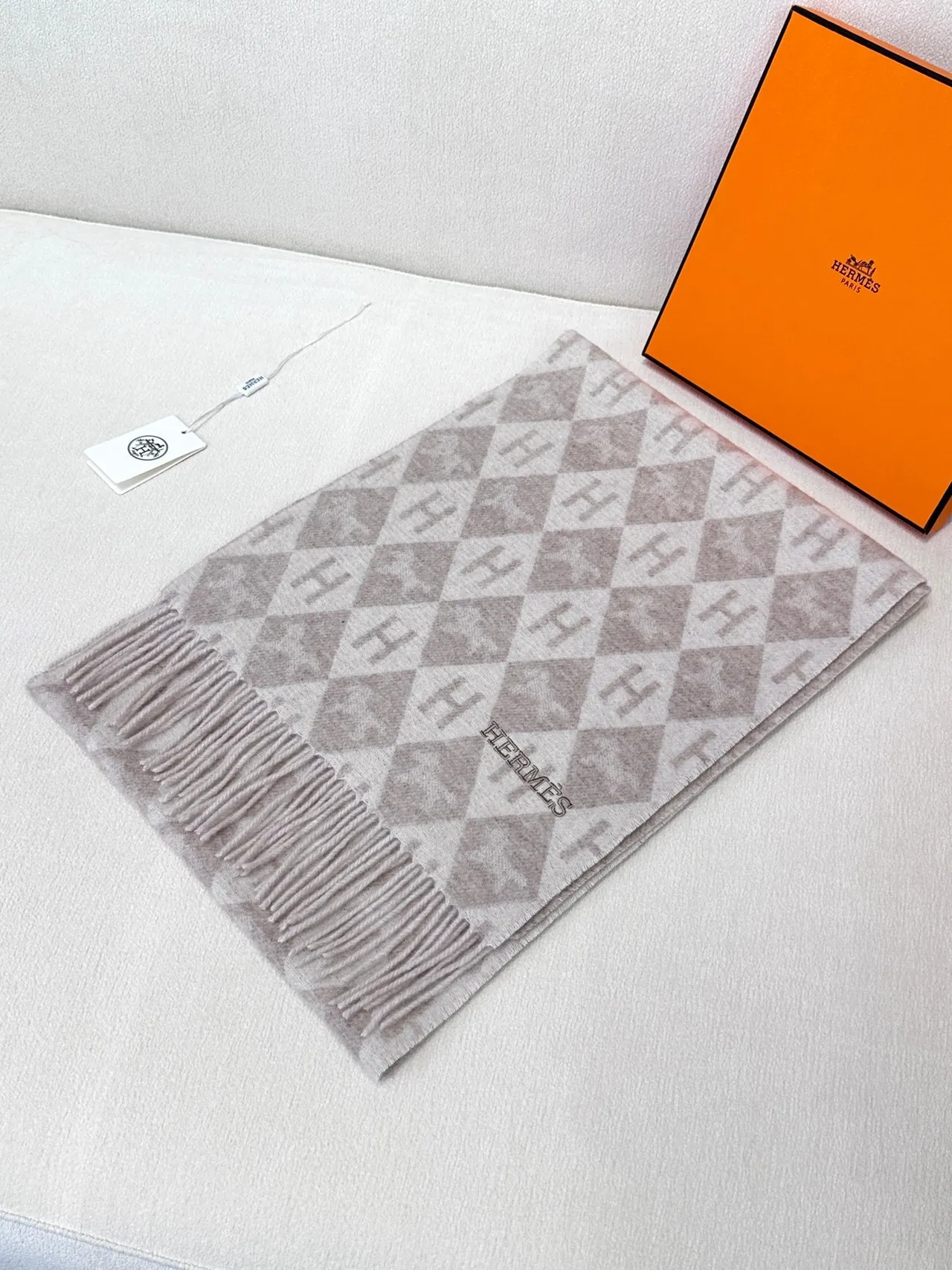 Hermès Beige Brown Geometric Monogram Pattern Fringed Edges Scarve 5