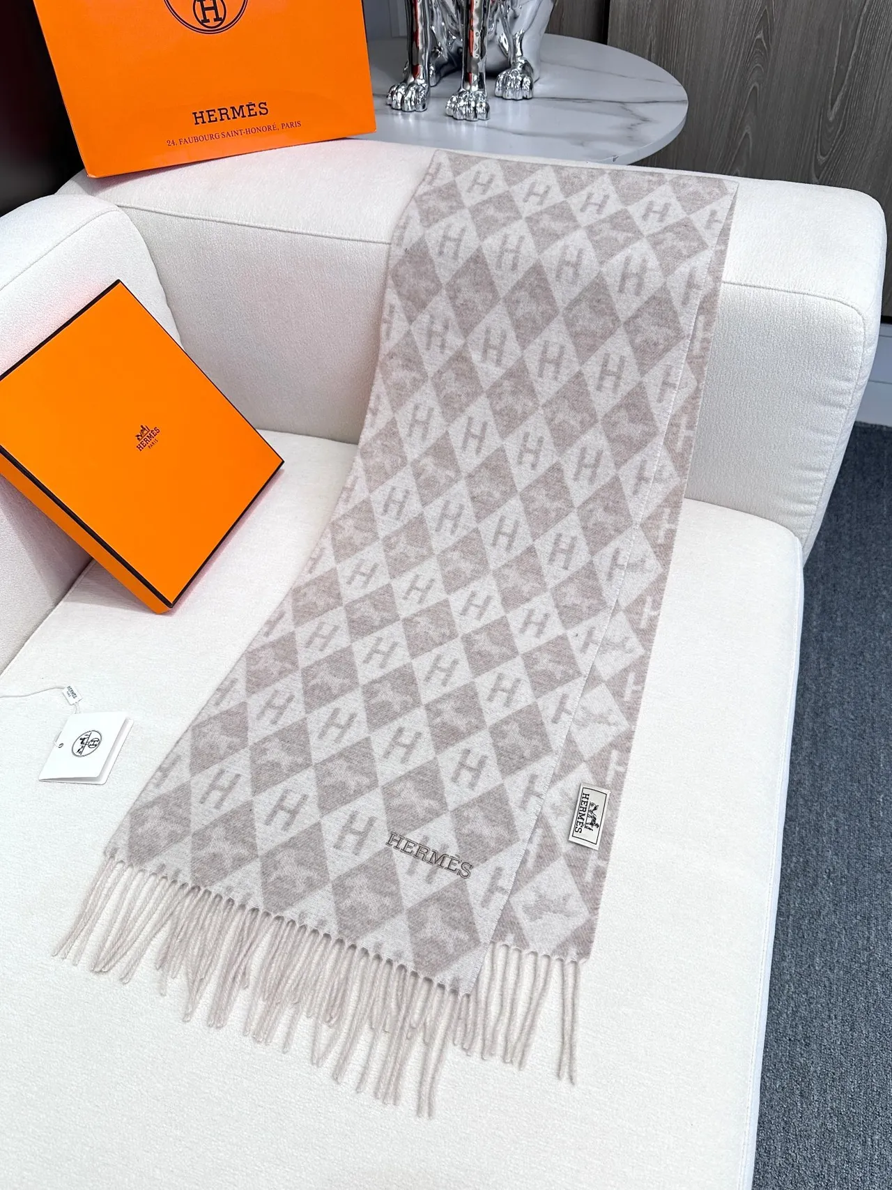 Hermès Beige Brown Geometric Monogram Pattern Fringed Edges Scarve 6
