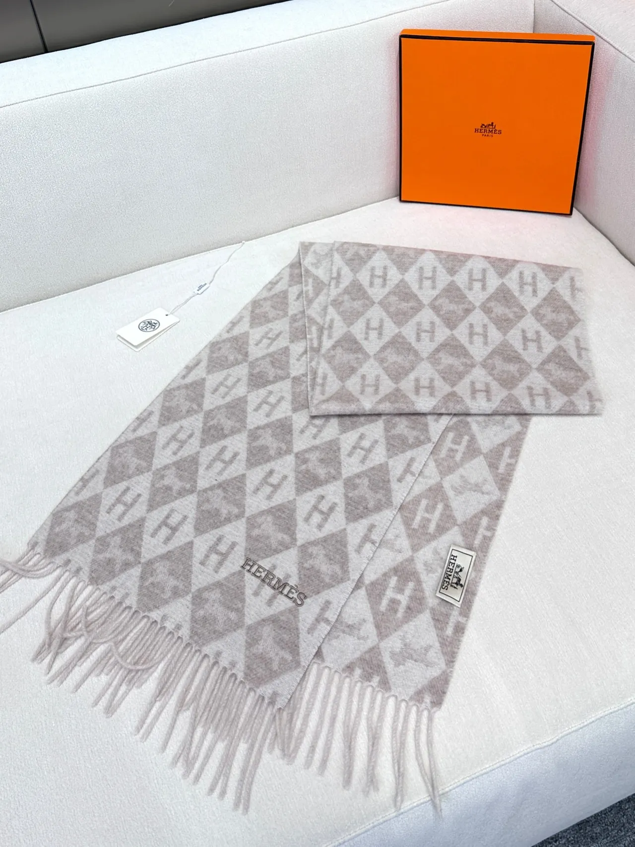 Hermès Beige Brown Geometric Monogram Pattern Fringed Edges Scarve 7