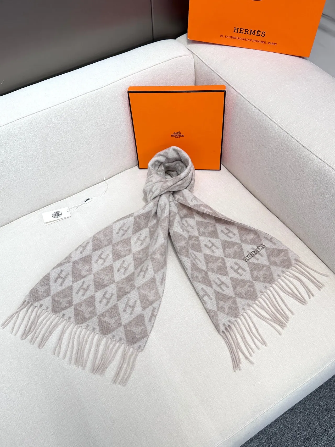Hermès Beige Brown Geometric Monogram Pattern Fringed Edges Scarve 8