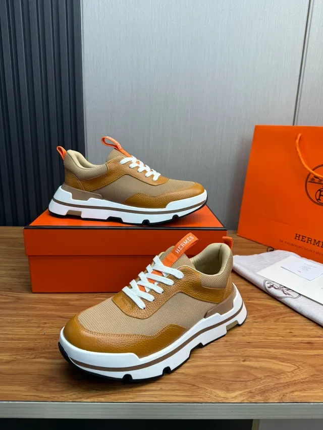 Hermès Beige Brown Mixed-Material Upper Layered Chunky Sole Sneakers 4