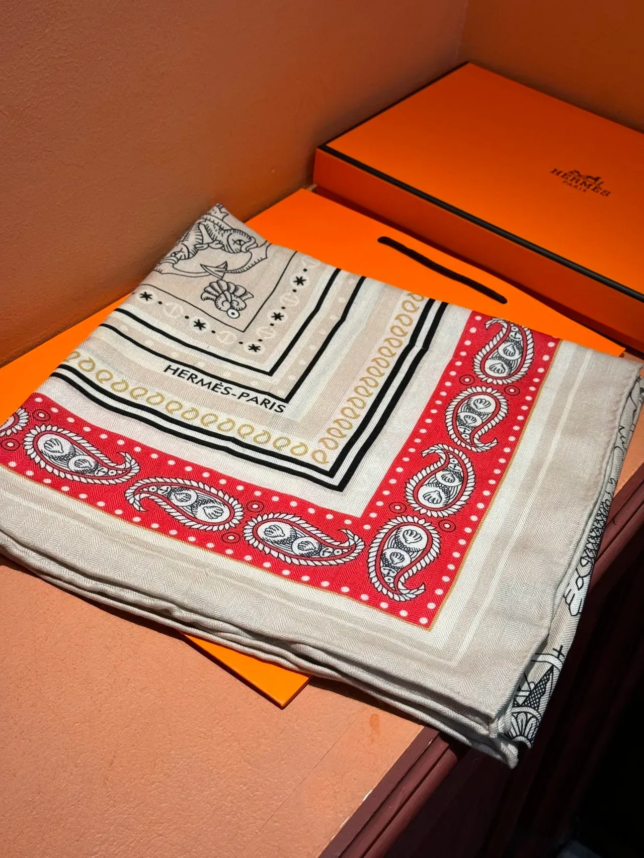 Hermès Beige Red Square Illustrated Maritime Map Silk Scarf 6