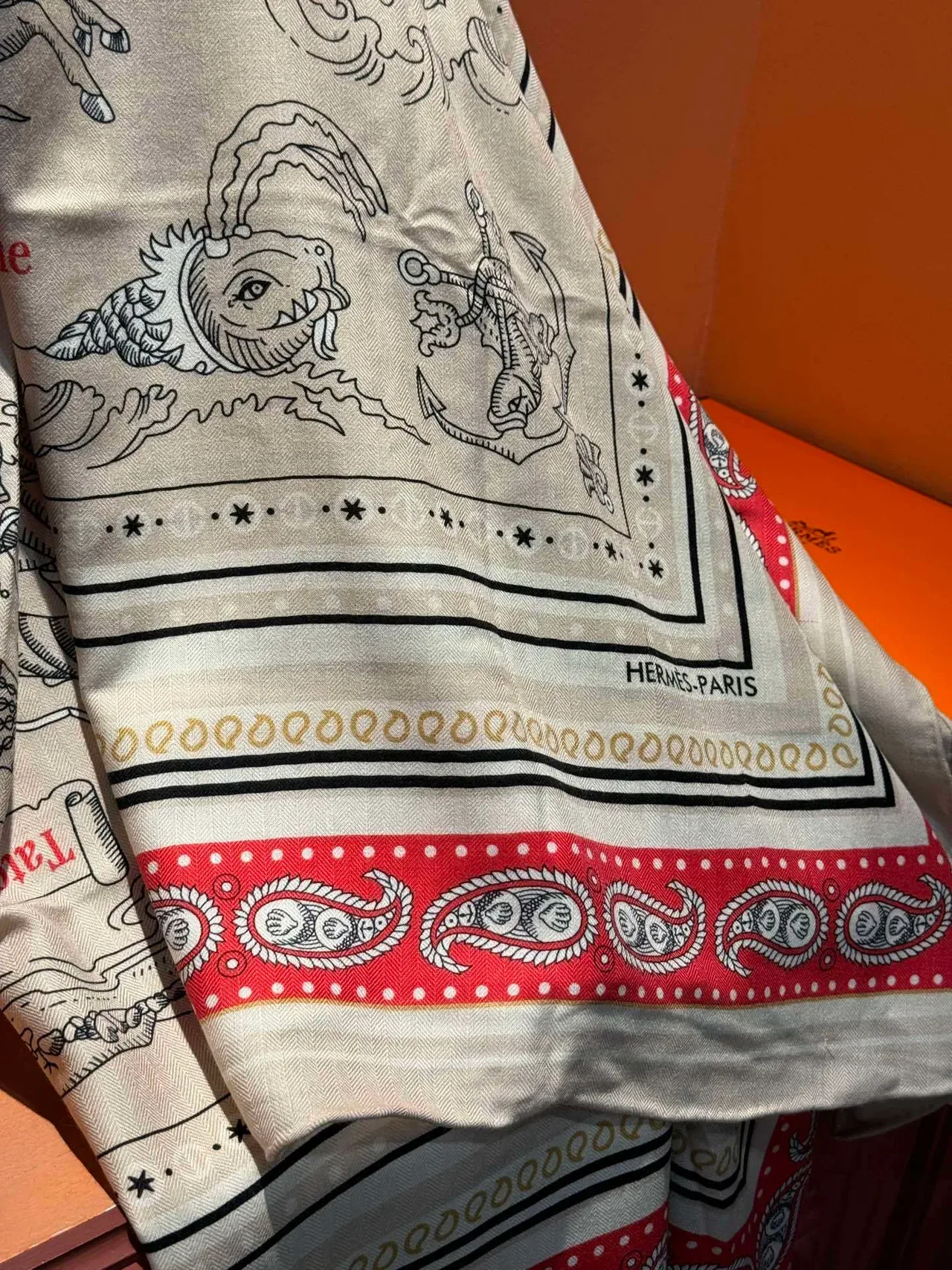 Hermès Beige Red Square Illustrated Maritime Map Silk Scarf 8