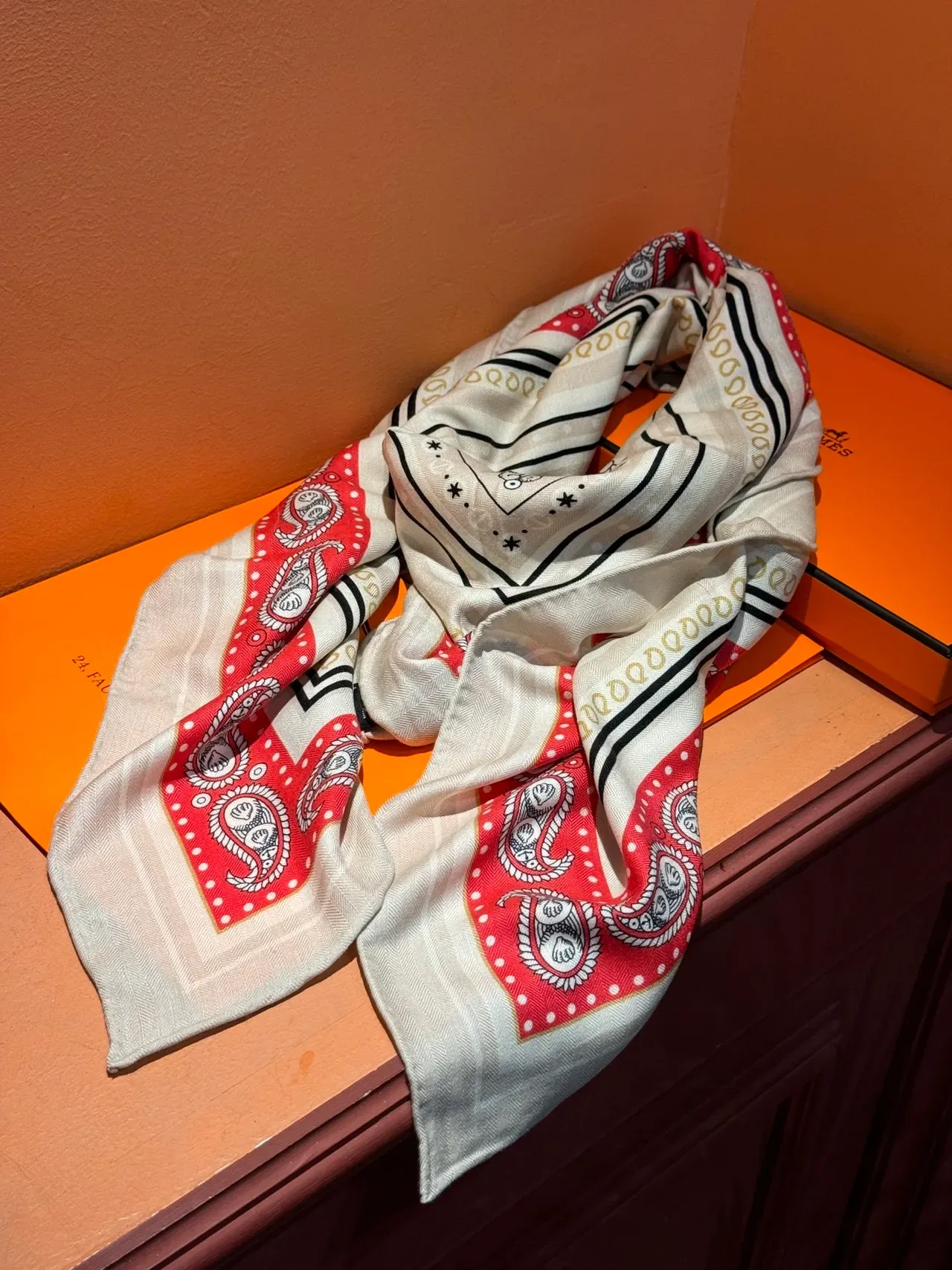 Hermès Beige Red Square Illustrated Maritime Map Silk Scarf 9
