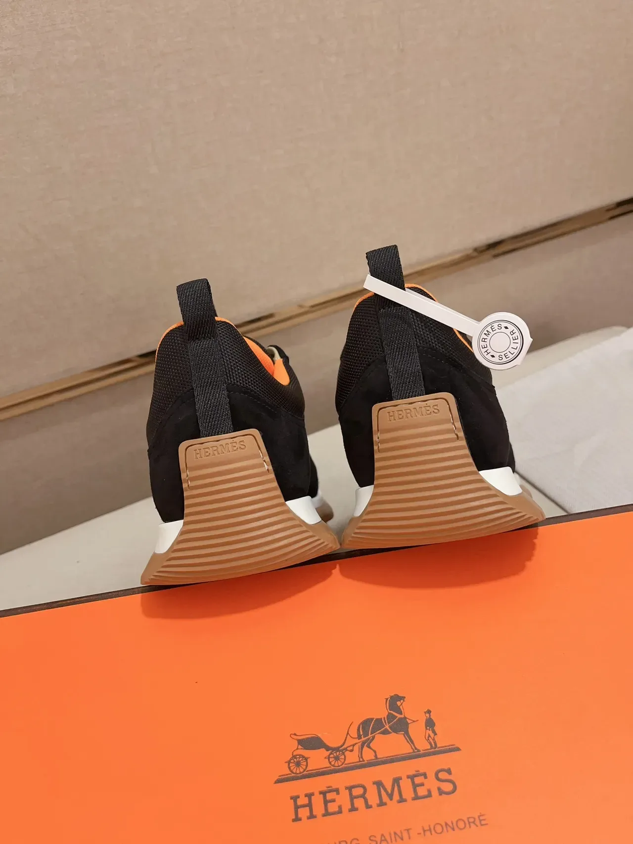 Hermès Black and Orange Suede Mesh Lifestyle Sneaker 3
