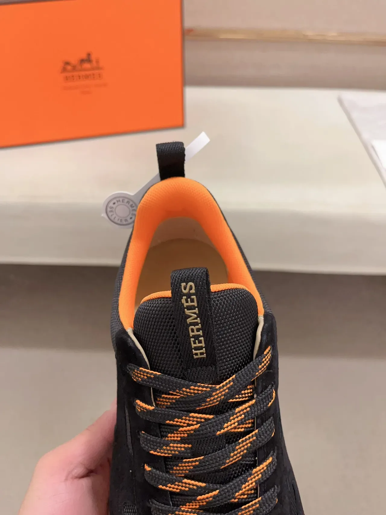 Hermès Black and Orange Suede Mesh Lifestyle Sneaker 4