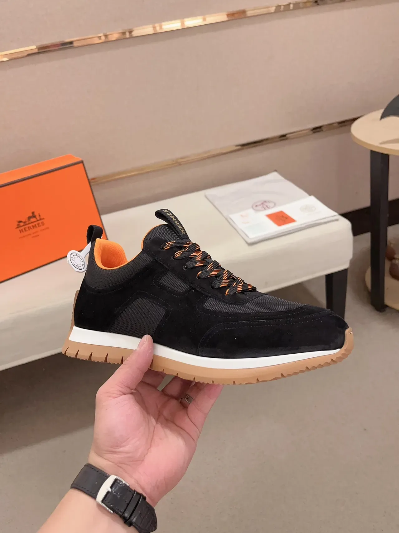 Hermès Black and Orange Suede Mesh Lifestyle Sneaker 5