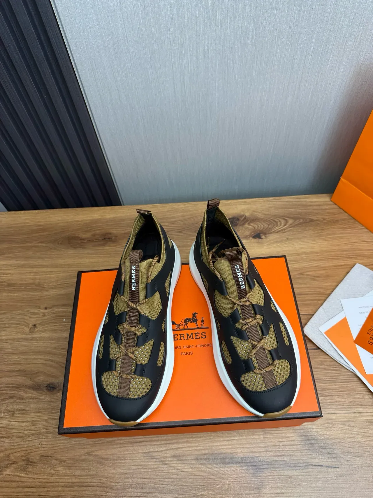 Hermès Black Beige Cutout Strap Overlay Knit Mesh Upper Lifestyle Sneakers 2