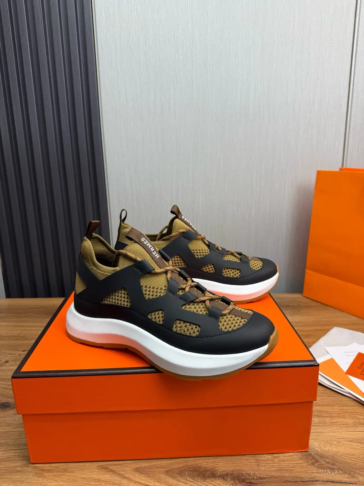 Hermès Black Beige Cutout Strap Overlay Knit Mesh Upper Lifestyle Sneakers 3