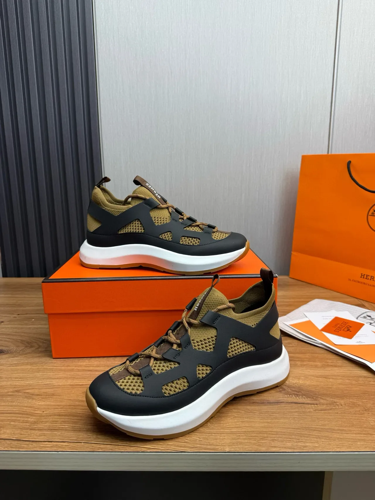 Hermès Black Beige Cutout Strap Overlay Knit Mesh Upper Lifestyle Sneakers 4