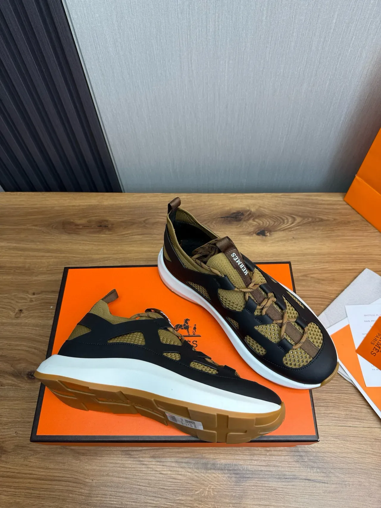 Hermès Black Beige Cutout Strap Overlay Knit Mesh Upper Lifestyle Sneakers 6