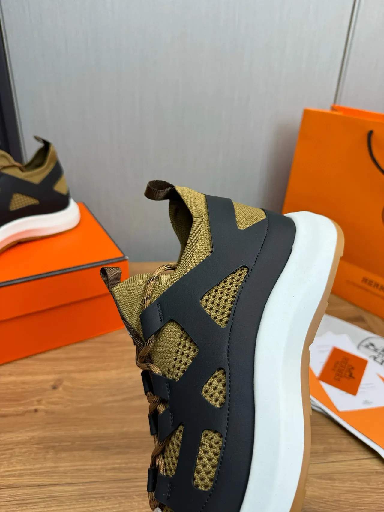 Hermès Black Beige Cutout Strap Overlay Knit Mesh Upper Lifestyle Sneakers 9