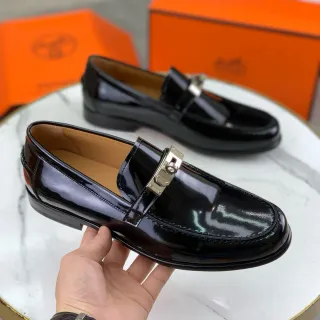 Hermès Black Gold Patent Leather Buckle Strap Loafer
