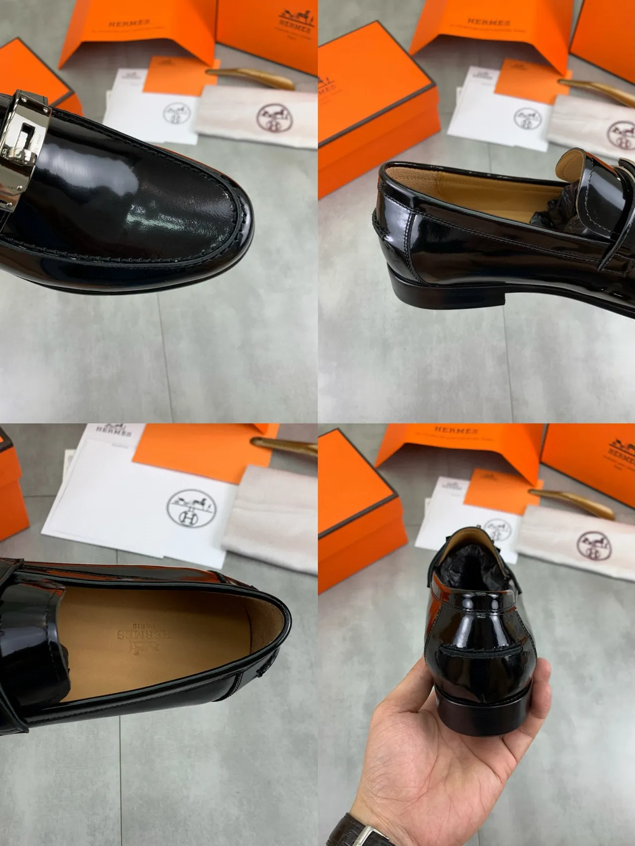 Hermès Black Gold Patent Leather Buckle Strap Loafer 2