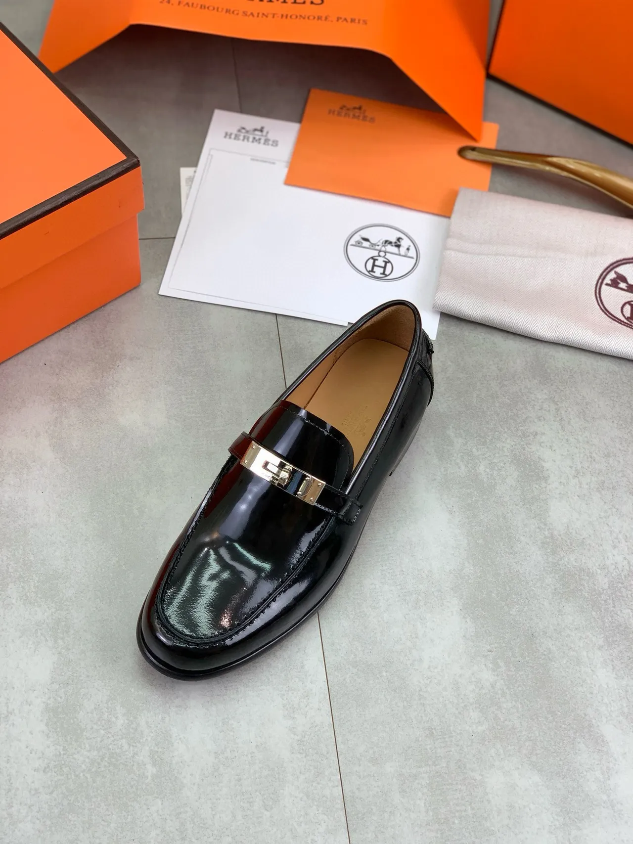 Hermès Black Gold Patent Leather Buckle Strap Loafer 4