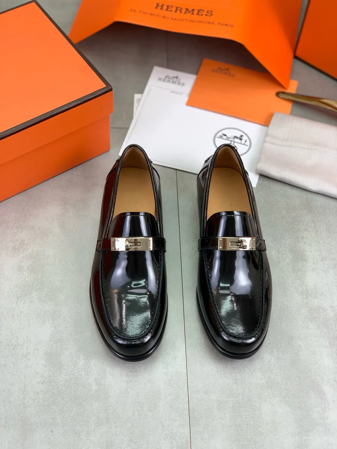 Hermès Black Gold Patent Leather Buckle Strap Loafer 5