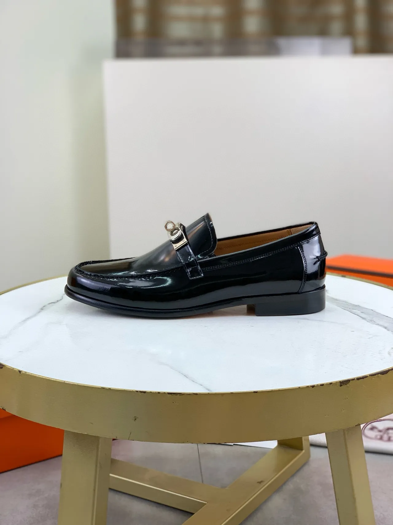 Hermès Black Gold Patent Leather Buckle Strap Loafer 6