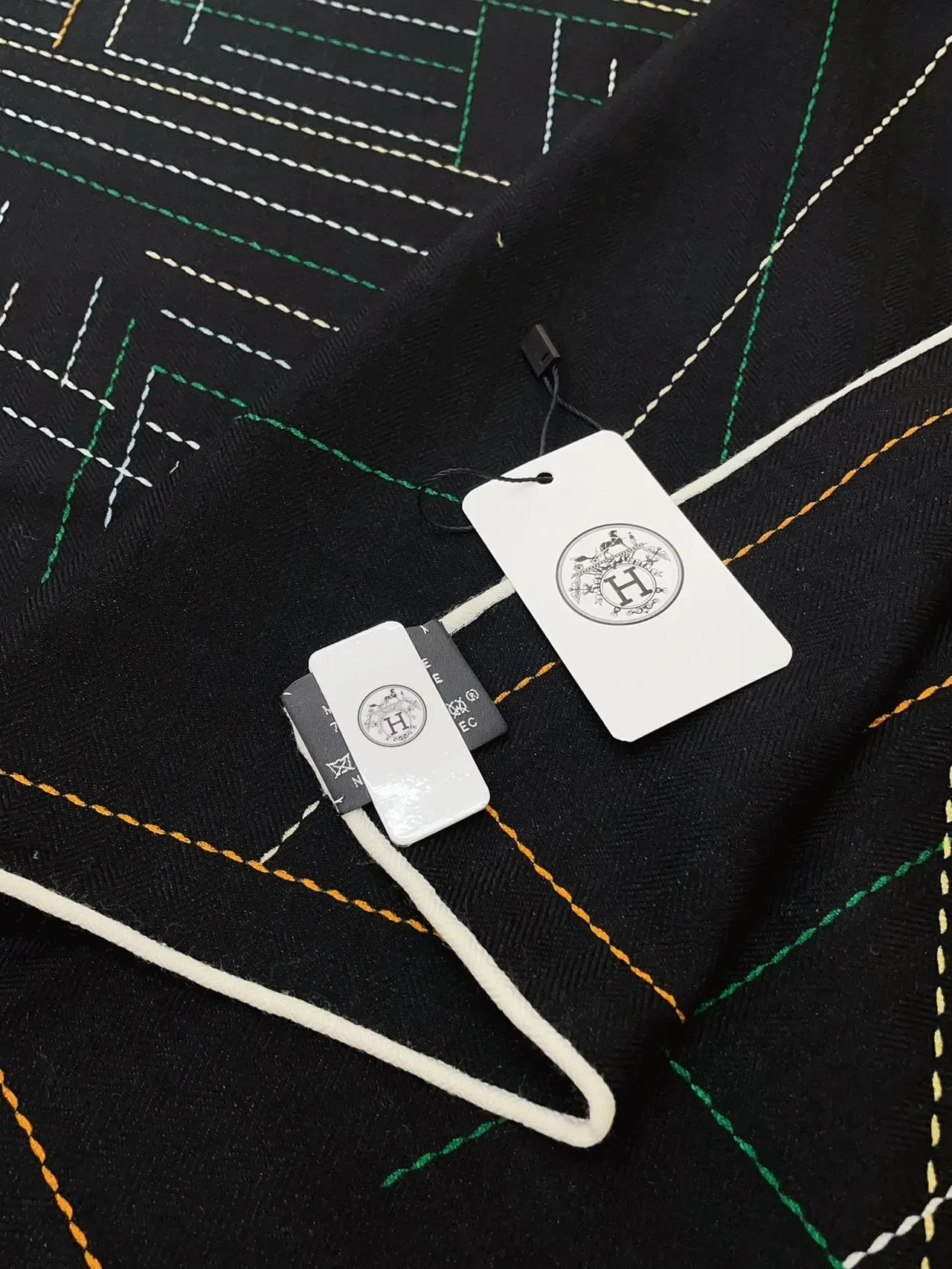 Hermès Black Multicolor Geometric Stitched Pattern Contrasting Dashed Embroidery Scarve 1