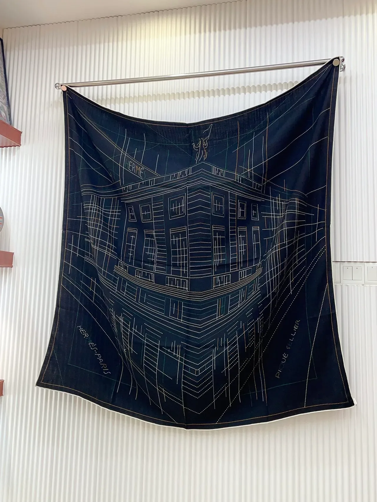 Hermès Black Multicolor Geometric Stitched Pattern Contrasting Dashed Embroidery Scarve 6