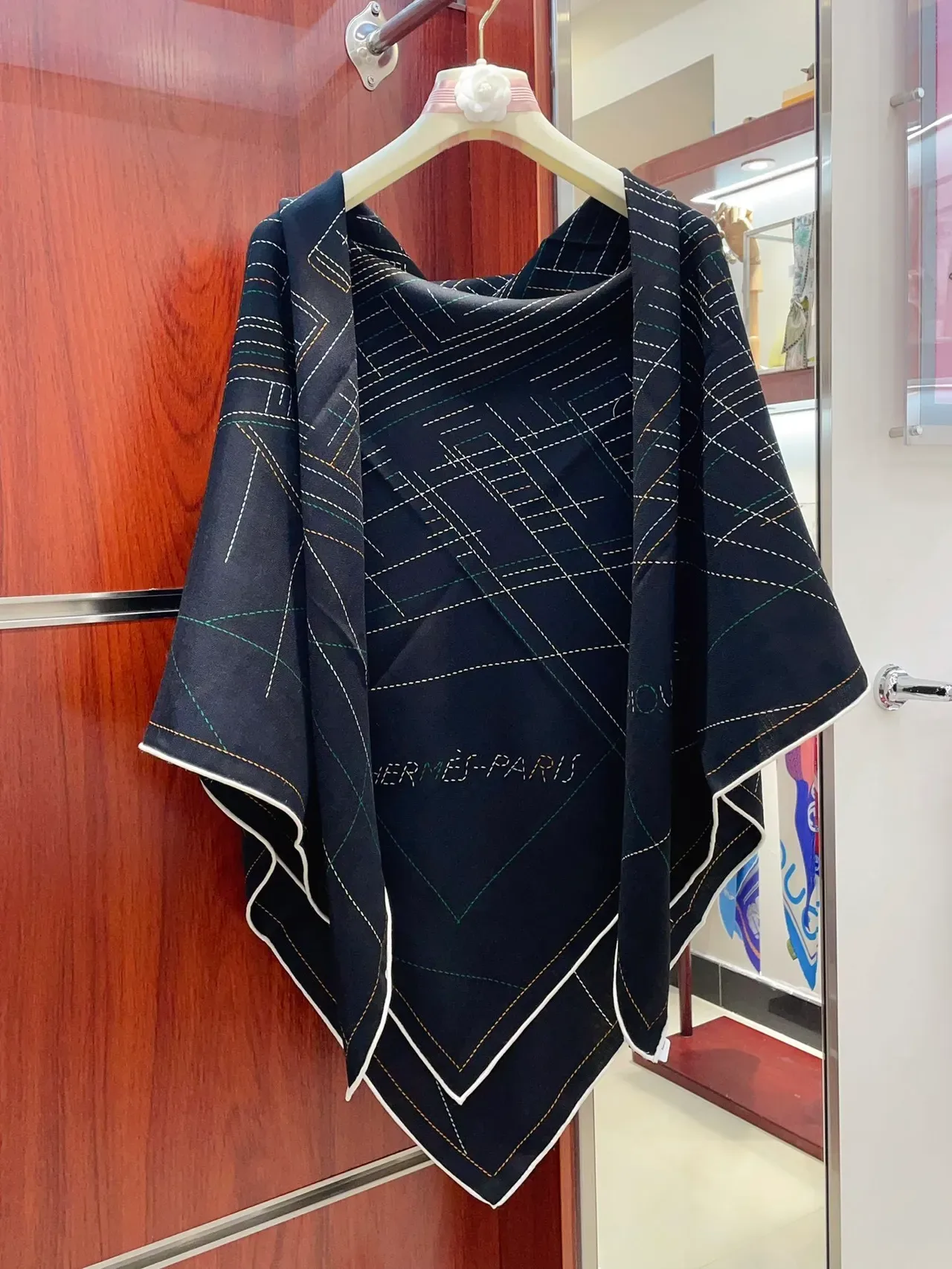 Hermès Black Multicolor Geometric Stitched Pattern Contrasting Dashed Embroidery Scarve 7