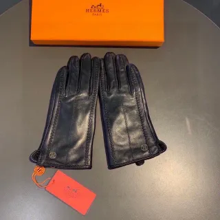Hermès Black Orange Smooth Contrast Topstitching Leather Gloves
