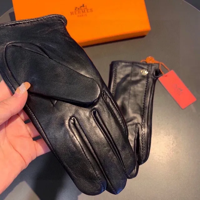 Hermès Black Orange Smooth Contrast Topstitching Leather Gloves 5