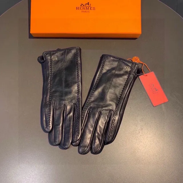Hermès Black Orange Smooth Contrast Topstitching Leather Gloves 8