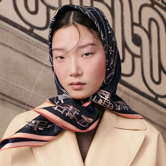 Hermès lenço de seda preto laranja branco com gráficos de arte em linha 3