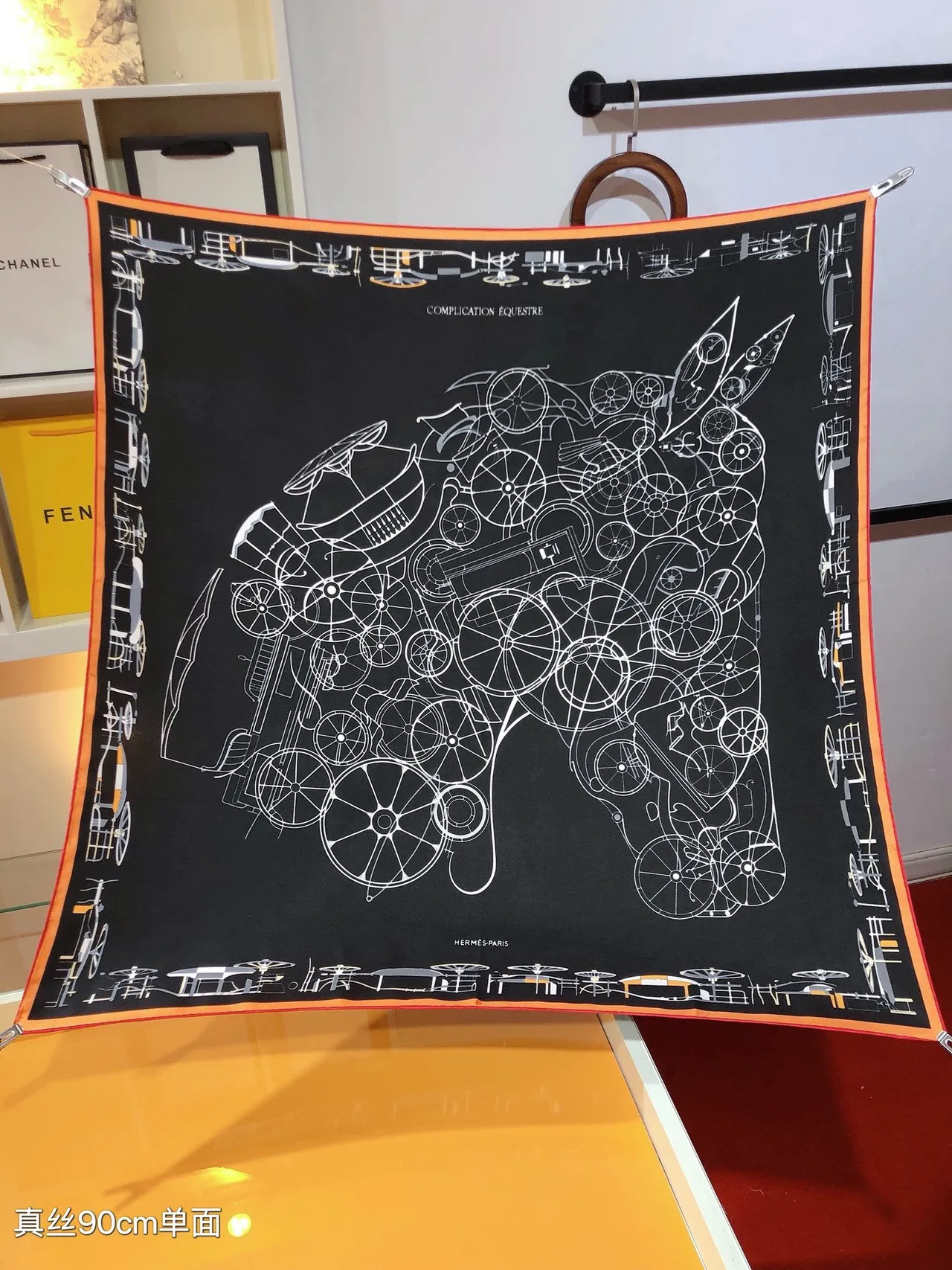 Hermès lenço de seda preto laranja branco com gráficos de arte em linha 5